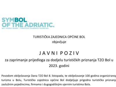 Javni poziv za zaprimanje prijedloga za dodjelu turističkih priznanja TZO Bol u 2023. godini
