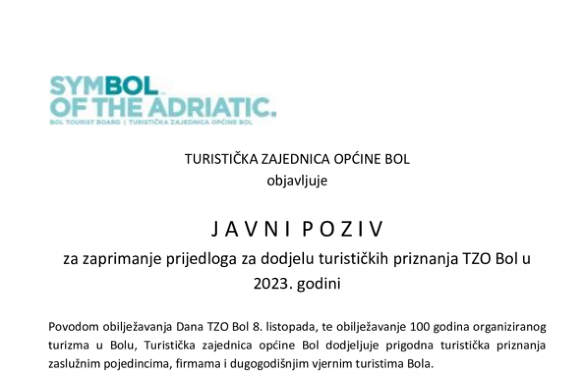 Javni poziv za zaprimanje prijedloga za dodjelu turističkih priznanja TZO Bol u 2023. godini